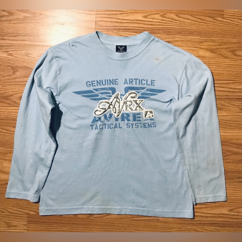 Vintage Avirex Sky Blue Long Sleeve T-Shirt Size 8 M Metallic Silver Logo